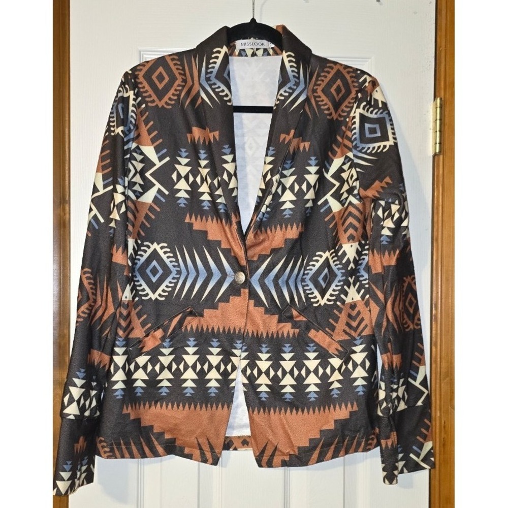 Women's Large Western Pattern Jacket Blazer Button Front Work Wear Cowgirl Rodeo